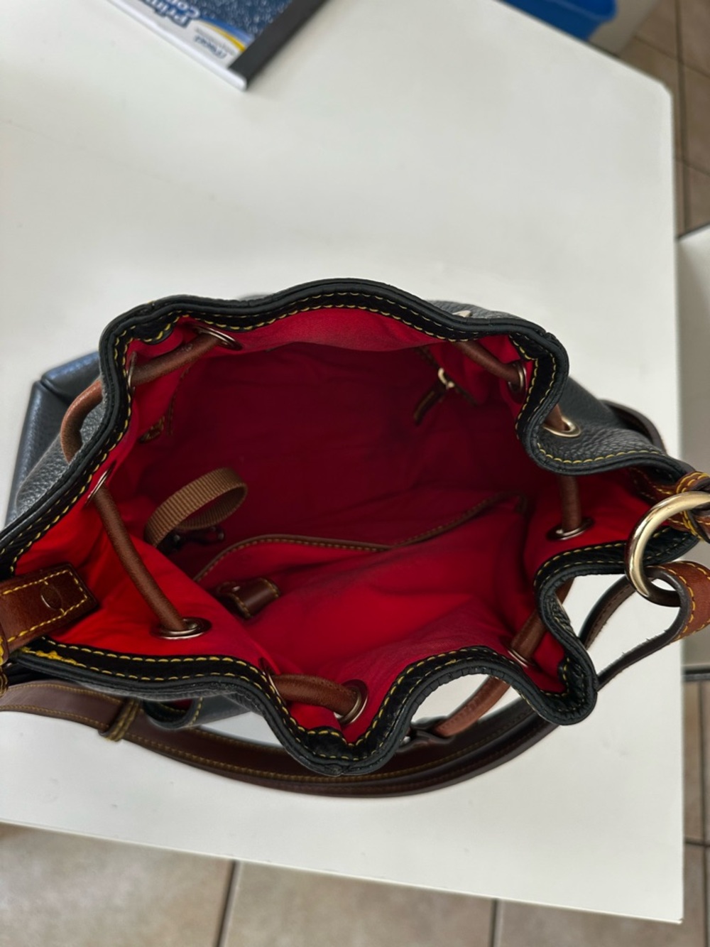 Dooney & Bourke Black Leather Drawstring Bucket Bag with Brown Trim - Picture 3 of 9